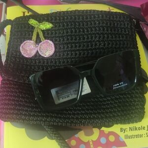 Saks Black Woven  Bag with Cherry Patch Bundle